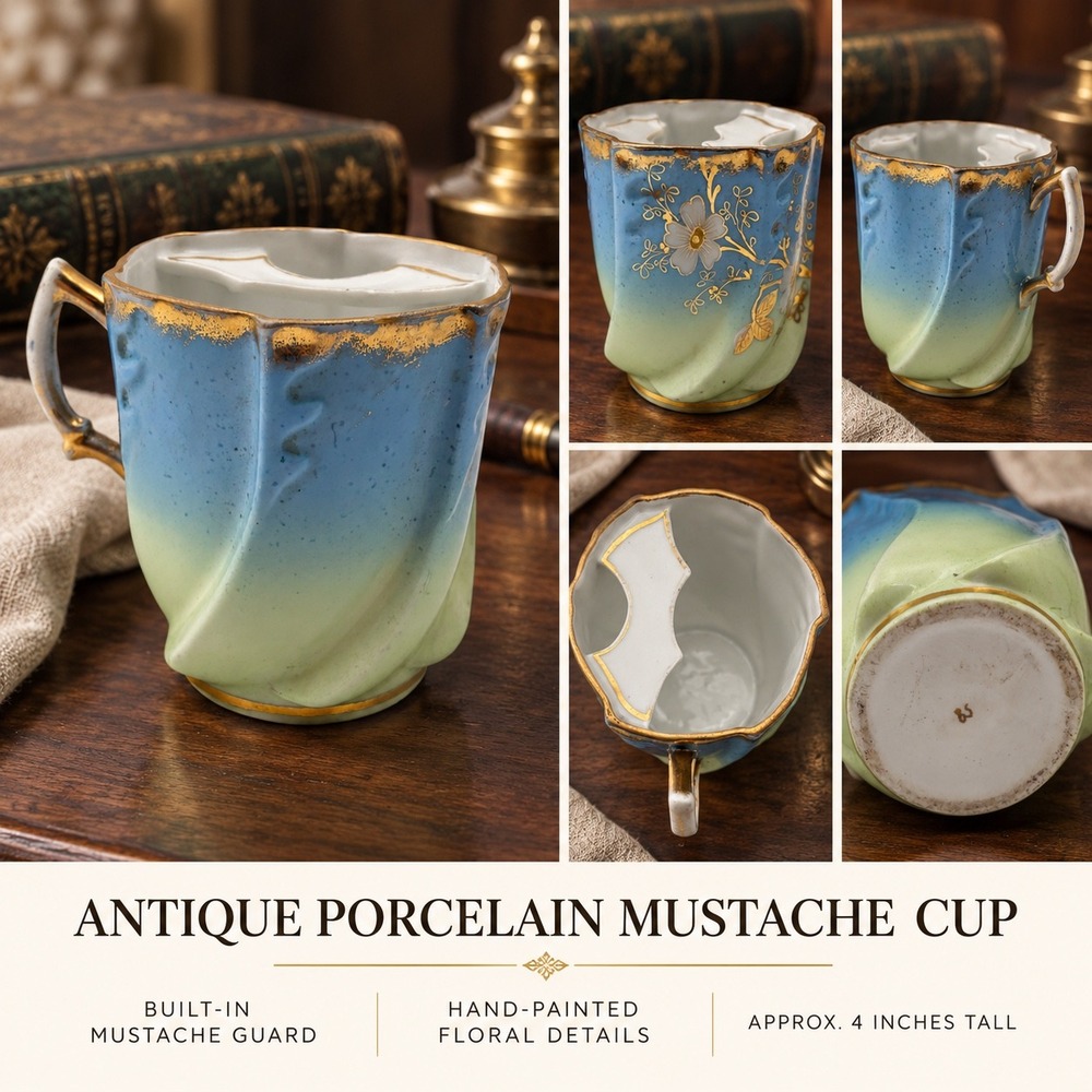 Antique Porcelain Mustache Cup Blue Green Ombre Gold Gilt Floral Swirl 4 Inch
